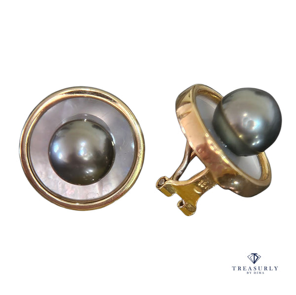 18K Yellow Gold Tahitian & Mother of Pearl Post Omega Clip Button Vintage Earrings
