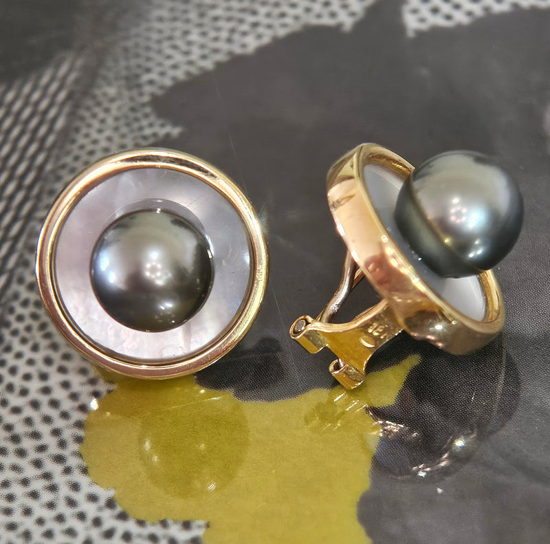 18K Yellow Gold Tahitian & Mother of Pearl Earrings and Pendant Slide Jewelry Vintage Set