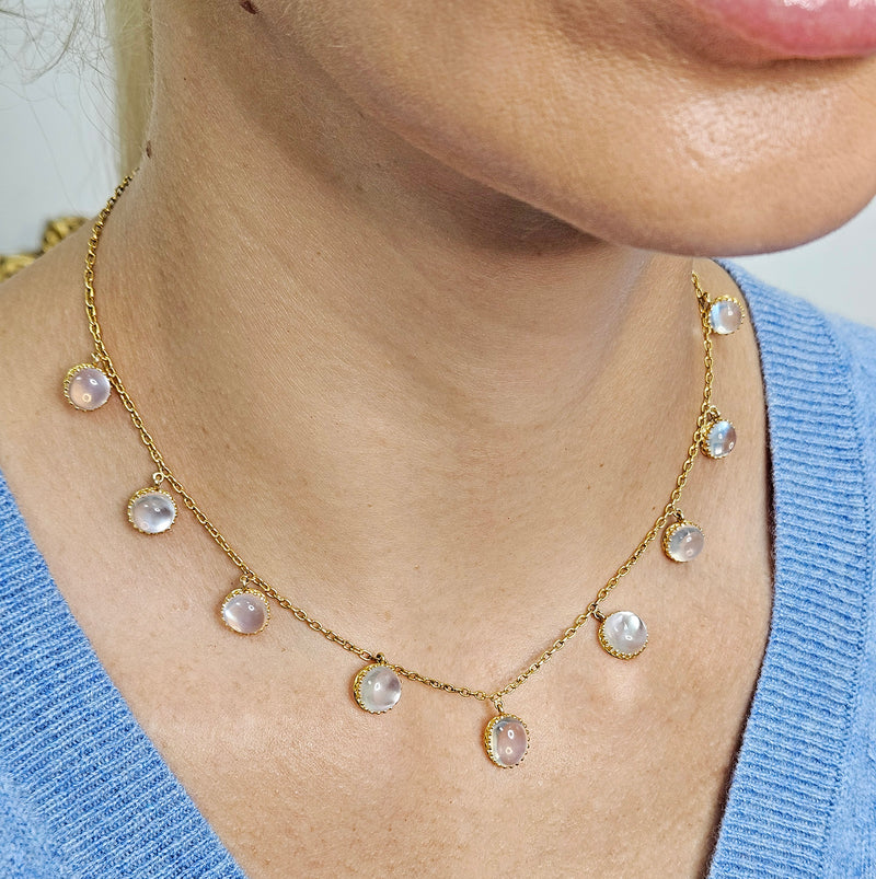 Rare c. 1870... Authentic Antique English Victorian 15ct Gold Graduated Moonstone Fringe Necklace