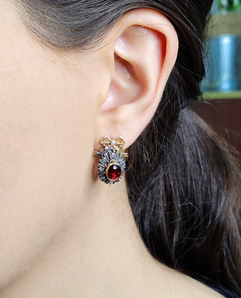 Rare GIA Red Spinel Diamond IMPERIAL RUSSIAN Faberge 14K Rose Gold Drop Earrings