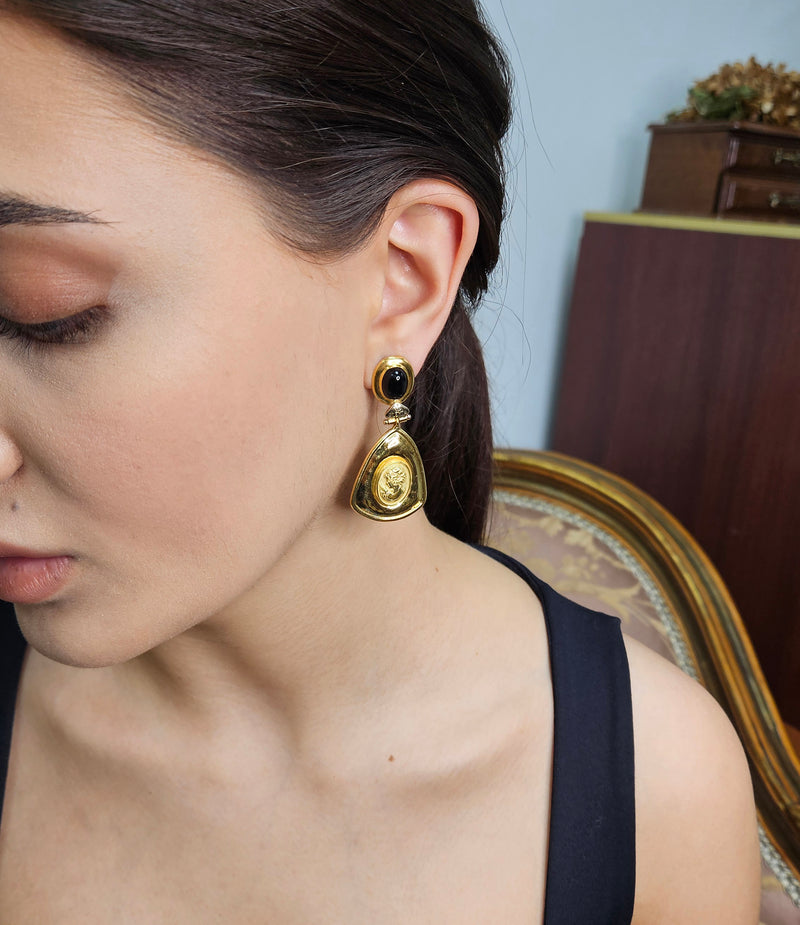 Estate Italian "ALEXIA" 18KT Yellow Gold Etruscan Style Cameo Etching Black Onyx Dangle Drop Earrings