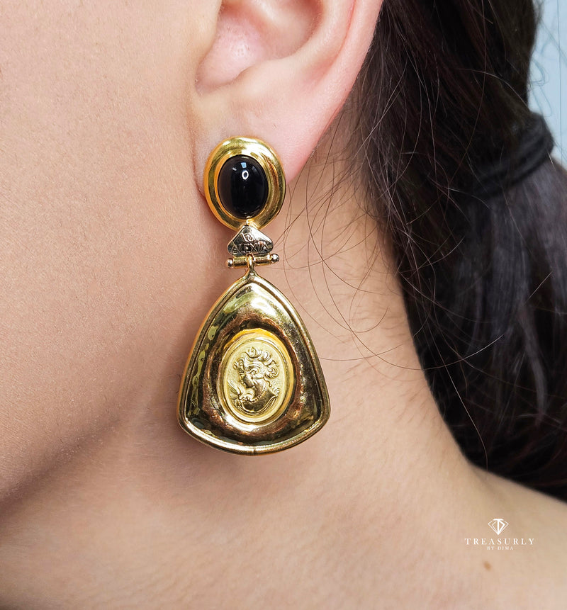 Estate Italian "ALEXIA" 18KT Yellow Gold Etruscan Style Cameo Etching Black Onyx Dangle Drop Earrings