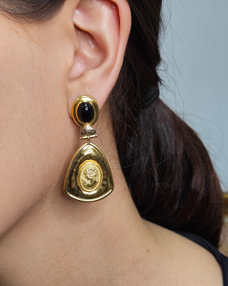 Estate Italian "ALEXIA" 18KT Yellow Gold Etruscan Style Cameo Etching Black Onyx Dangle Drop Earrings