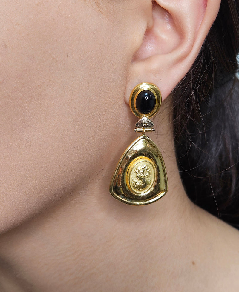 Estate Italian "ALEXIA" 18KT Yellow Gold Etruscan Style Cameo Etching Black Onyx Dangle Drop Earrings