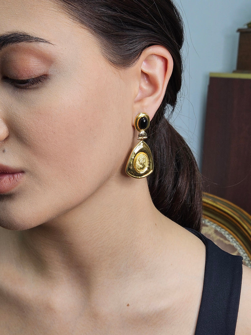 Estate Italian "ALEXIA" 18KT Yellow Gold Etruscan Style Cameo Etching Black Onyx Dangle Drop Earrings