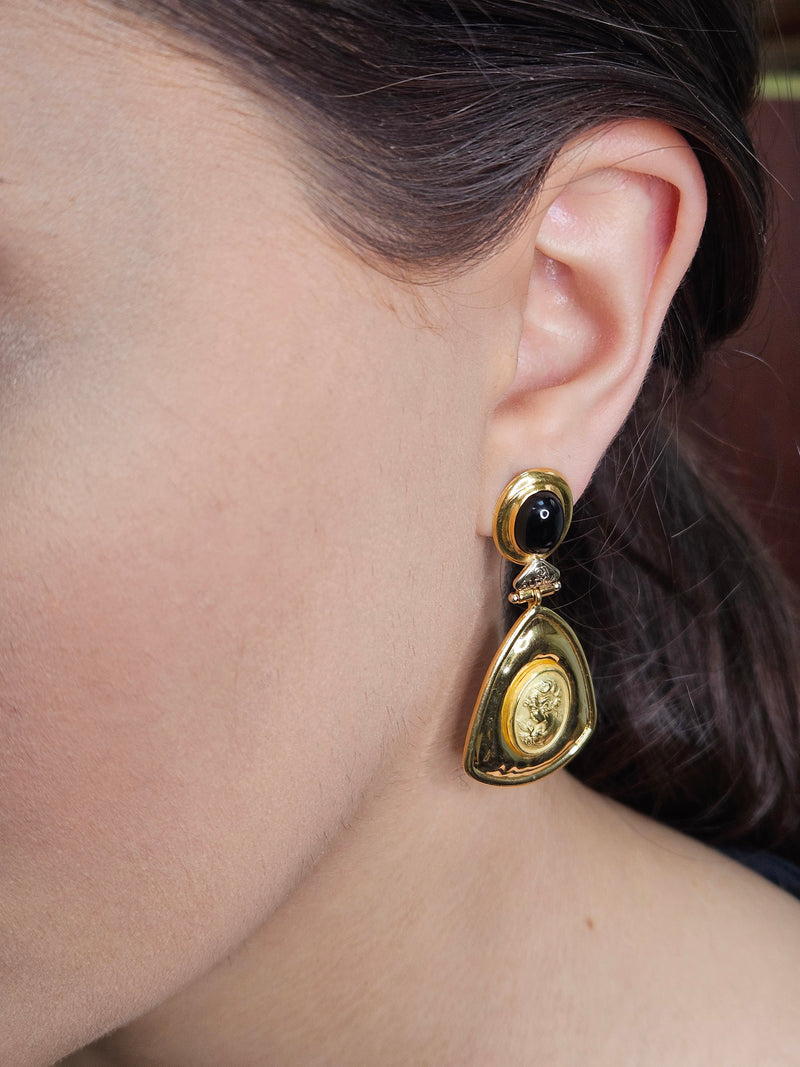 Estate Italian "ALEXIA" 18KT Yellow Gold Etruscan Style Cameo Etching Black Onyx Dangle Drop Earrings