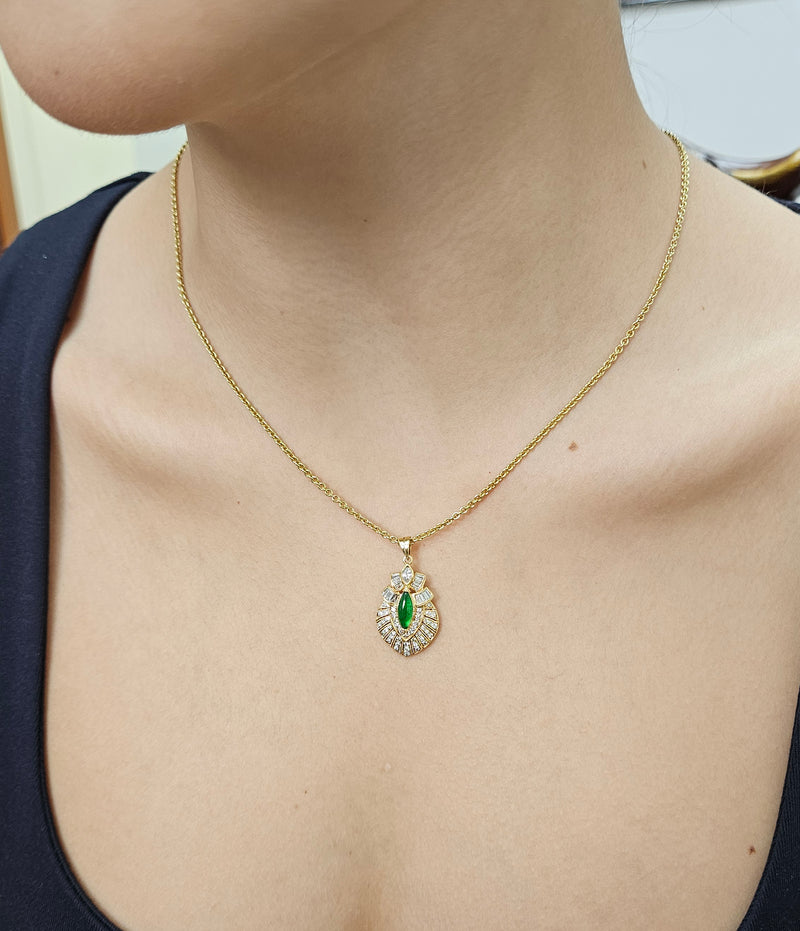 Natural UNTREATED GIA Omphacite Jade 18K Vintage Pendant of "Imperial" Color with Diamonds, 1980s