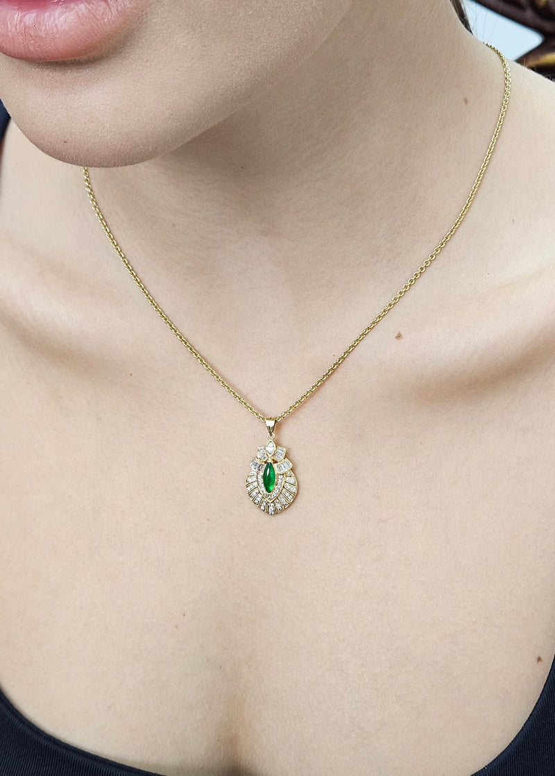 Natural UNTREATED GIA Omphacite Jade 18K Vintage Pendant of "Imperial" Color with Diamonds, 1980s