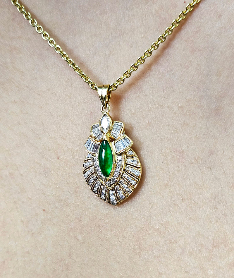 Natural UNTREATED GIA Omphacite Jade 18K Vintage Pendant of "Imperial" Color with Diamonds, 1980s