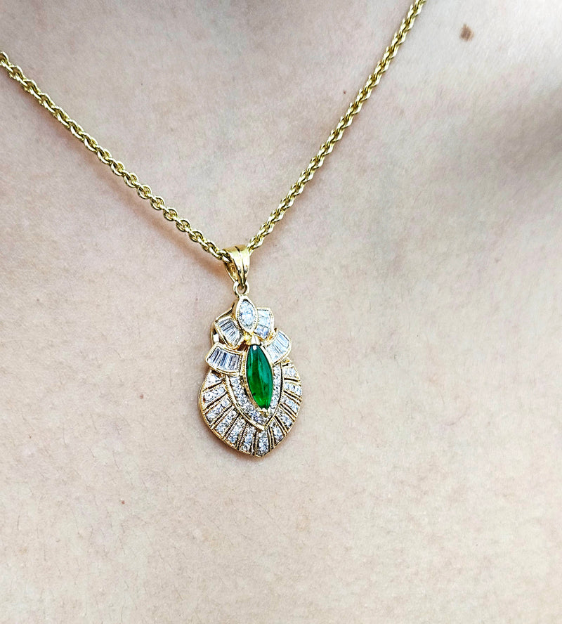 Natural UNTREATED GIA Omphacite Jade 18K Vintage Pendant of "Imperial" Color with Diamonds, 1980s