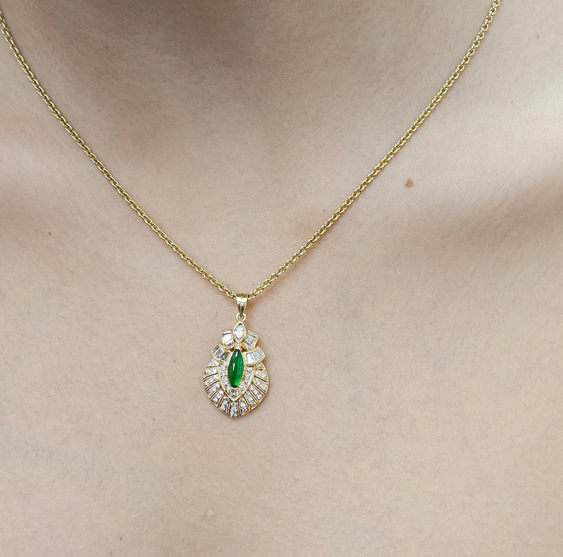 Natural UNTREATED GIA Omphacite Jade 18K Vintage Pendant of "Imperial" Color with Diamonds, 1980s