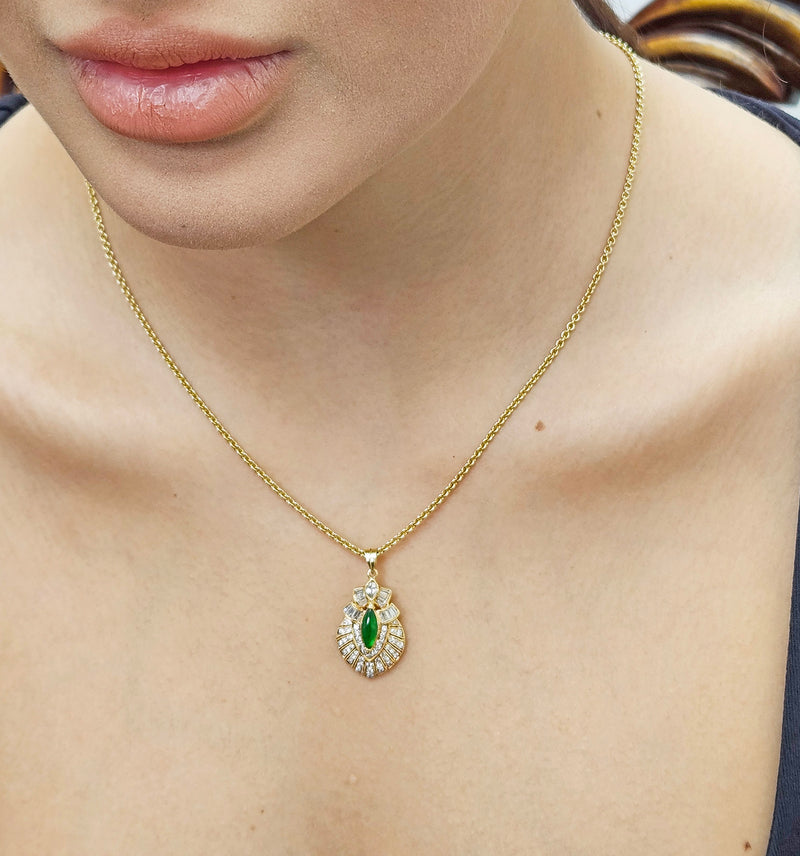 Natural UNTREATED GIA Omphacite Jade 18K Vintage Pendant of "Imperial" Color with Diamonds, 1980s