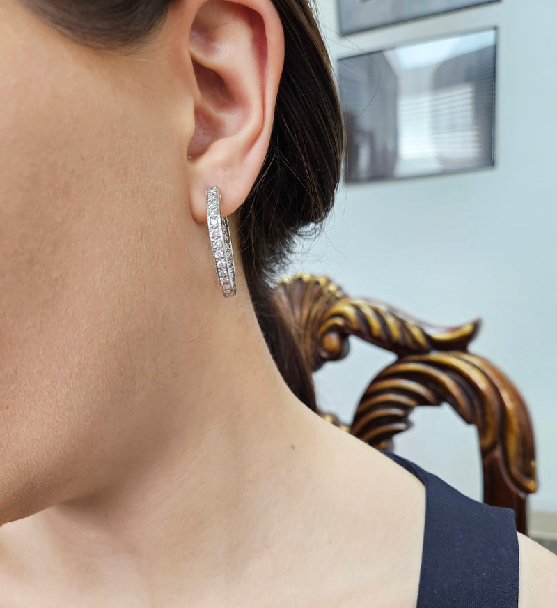 Inside Out Estate Round Pave 3.0ctw Diamond 14k White Gold Hoop Earrings