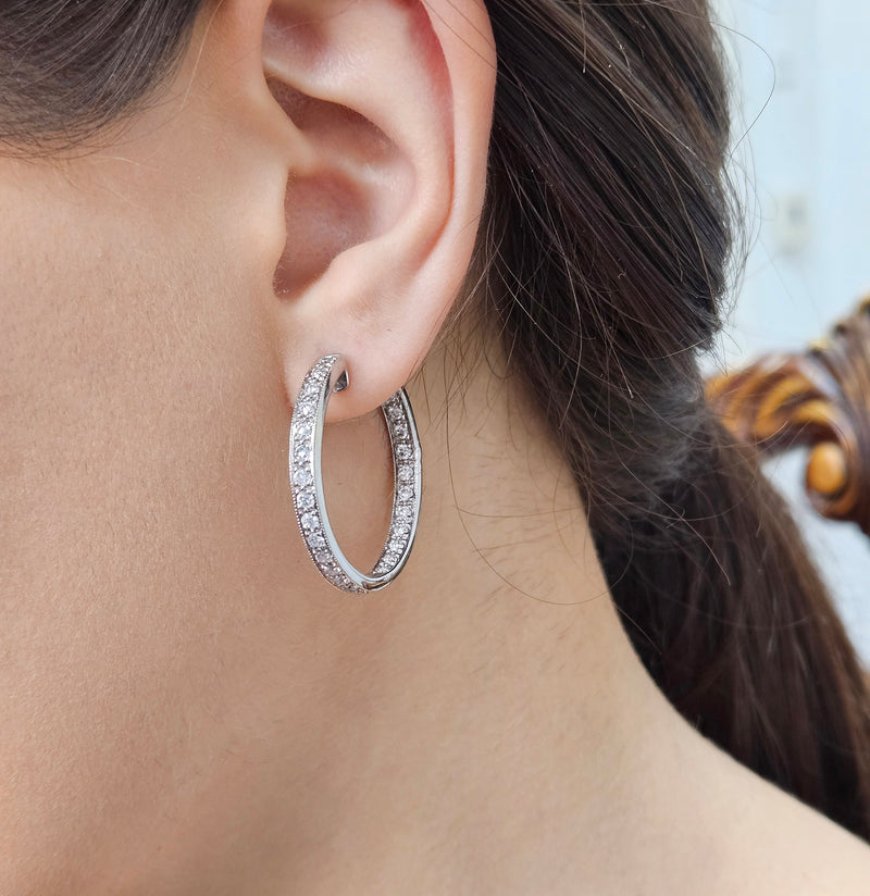 Inside Out Estate Round Pave 3.0ctw Diamond 14k White Gold Hoop Earrings