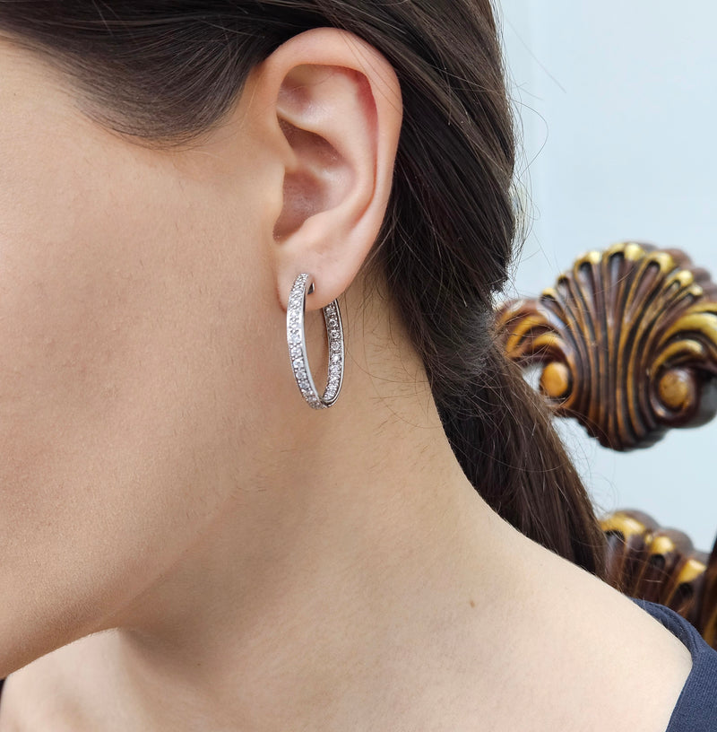 Inside Out Estate Round Pave 3.0ctw Diamond 14k White Gold Hoop Earrings