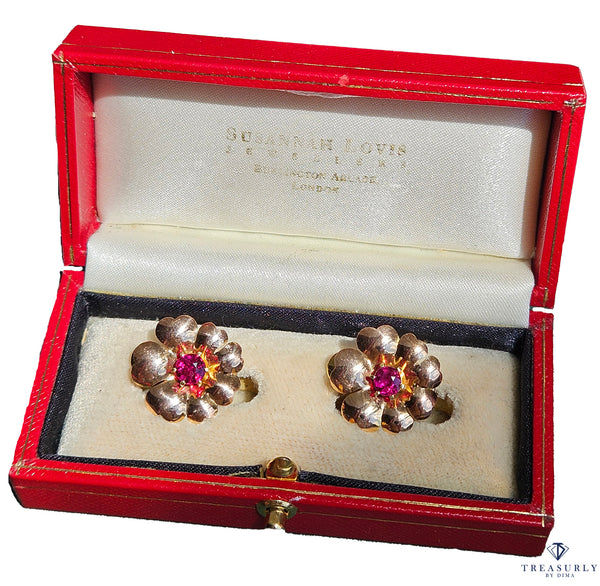 Rare Austrian GIA Natural 1.20ctw RUBY 14ct Rose Gold Floral Vintage Clips Earrings Circa 1930s