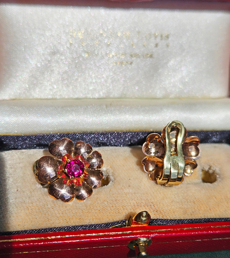 Rare Austrian GIA Natural 1.20ctw RUBY 14ct Rose Gold Floral Vintage Clips Earrings Circa 1930s