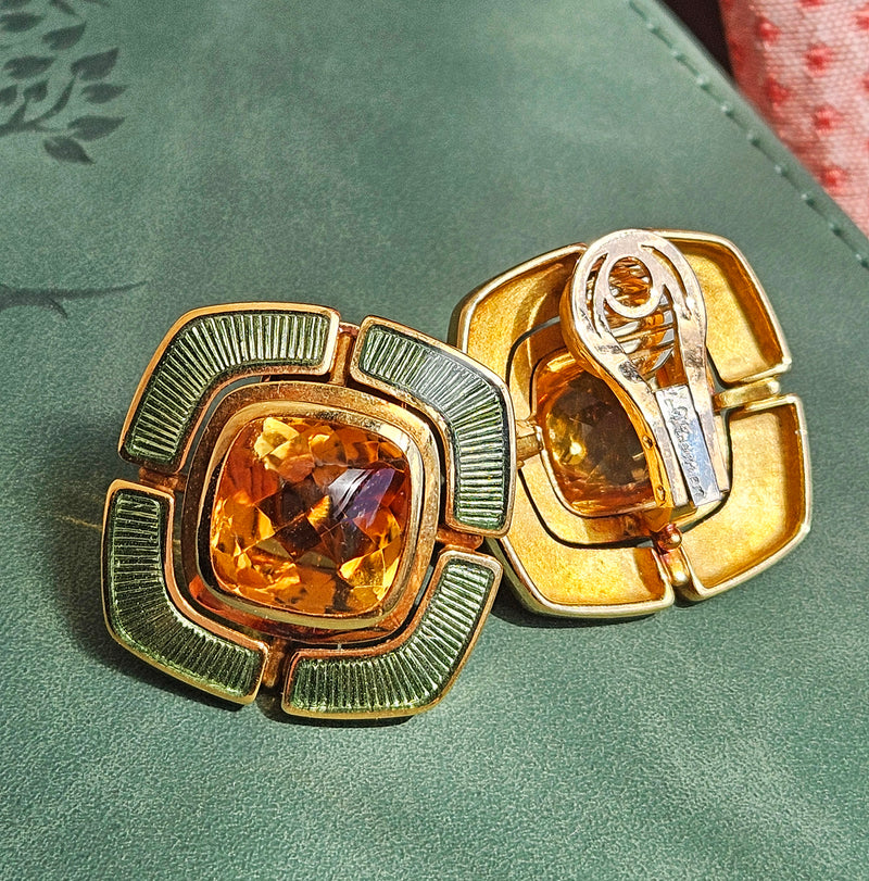 DE VROOMEN A Pair Of 18K Gold Citrine Green Guilloché Enamel Square Shaped Ear Clips Earrings, London 1997