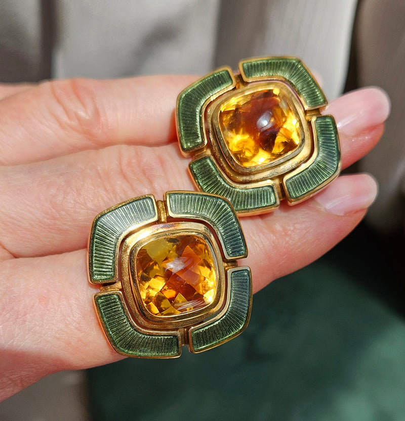 DE VROOMEN A Pair Of 18K Gold Citrine Green Guilloché Enamel Square Shaped Ear Clips Earrings, London 1997