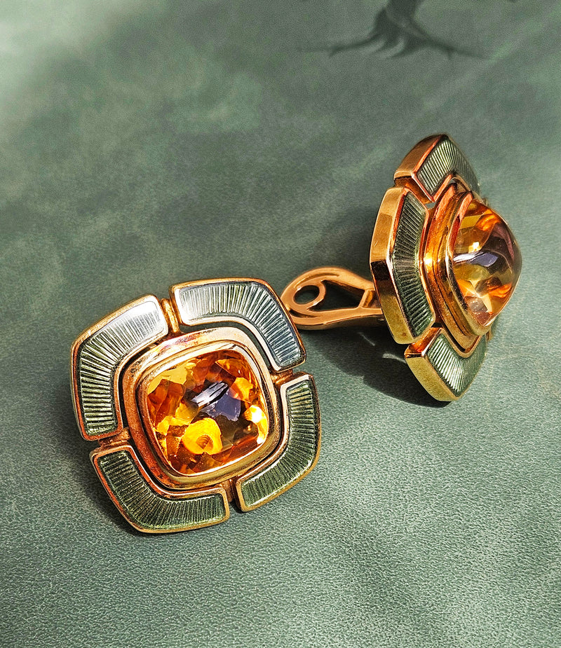DE VROOMEN A Pair Of 18K Gold Citrine Green Guilloché Enamel Square Shaped Ear Clips Earrings, London 1997