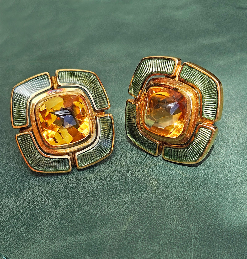 DE VROOMEN A Pair Of 18K Gold Citrine Green Guilloché Enamel Square Shaped Ear Clips Earrings, London 1997