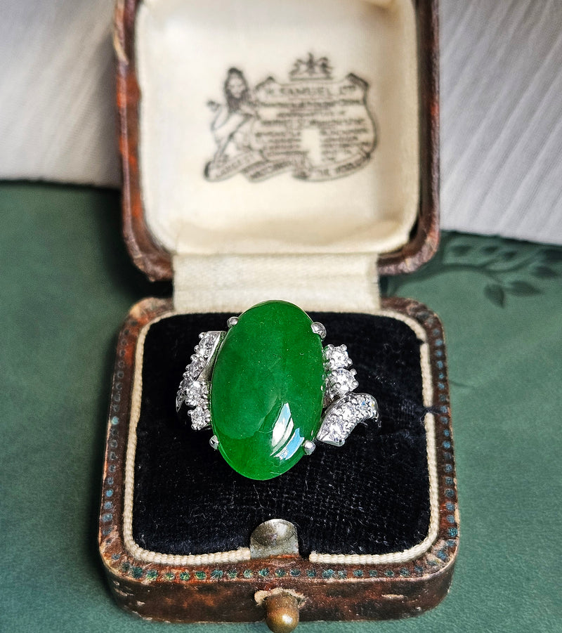 Mid-Century GIA 11.62ctw Natural UNTREATED Green Jade JADEITE Diamond Platinum Ring