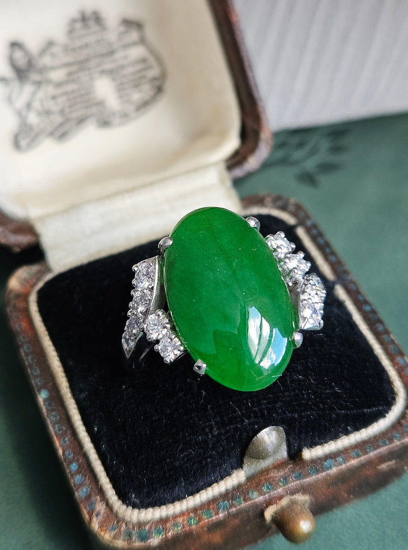 Mid-Century GIA 11.62ctw Natural UNTREATED Green Jade JADEITE Diamond Platinum Ring