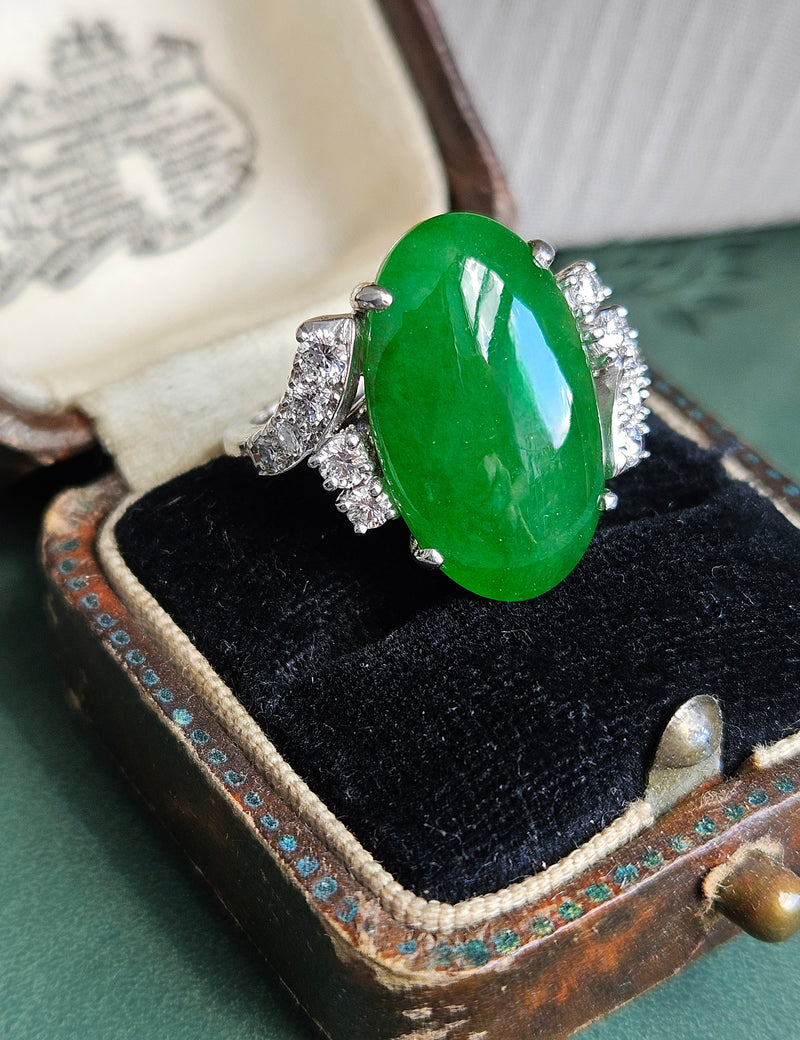 Mid-Century GIA 11.62ctw Natural UNTREATED Green Jade JADEITE Diamond Platinum Ring