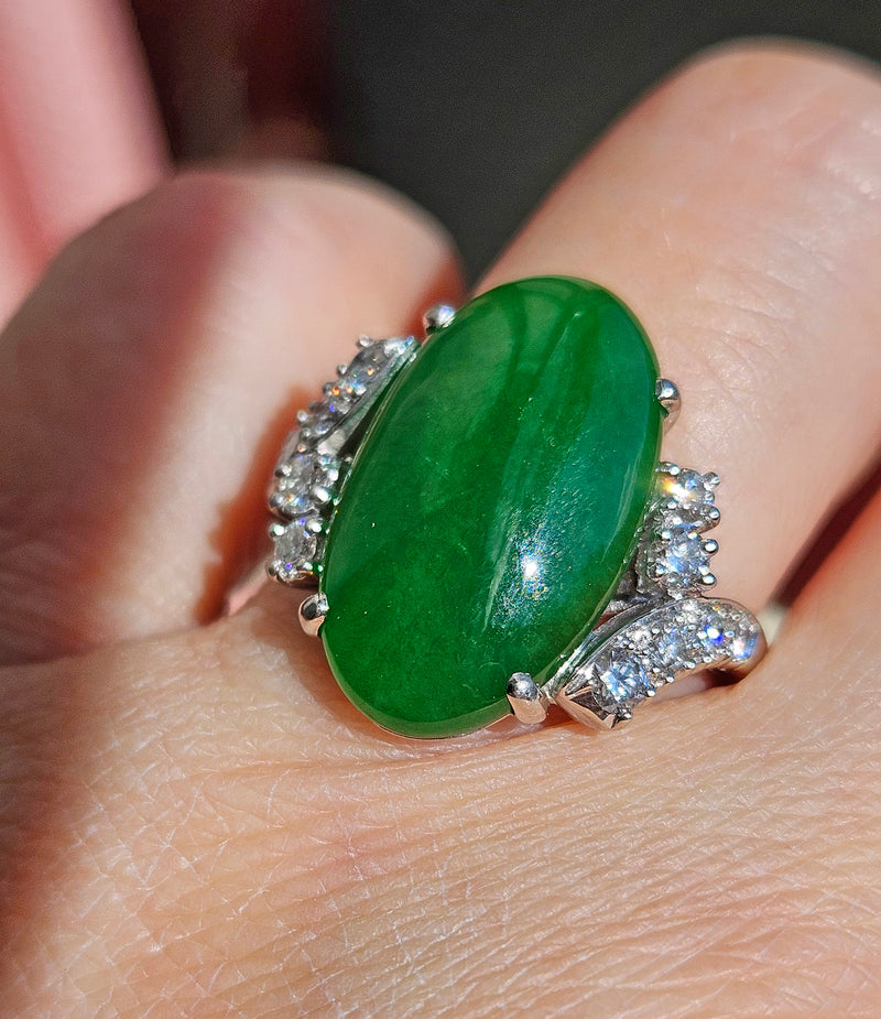 Mid-Century GIA 11.62ctw Natural UNTREATED Green Jade JADEITE Diamond Platinum Ring