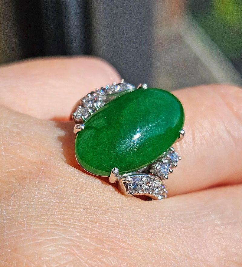 Mid-Century GIA 11.62ctw Natural UNTREATED Green Jade JADEITE Diamond Platinum Ring