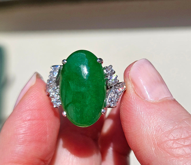 Mid-Century GIA 11.62ctw Natural UNTREATED Green Jade JADEITE Diamond Platinum Ring