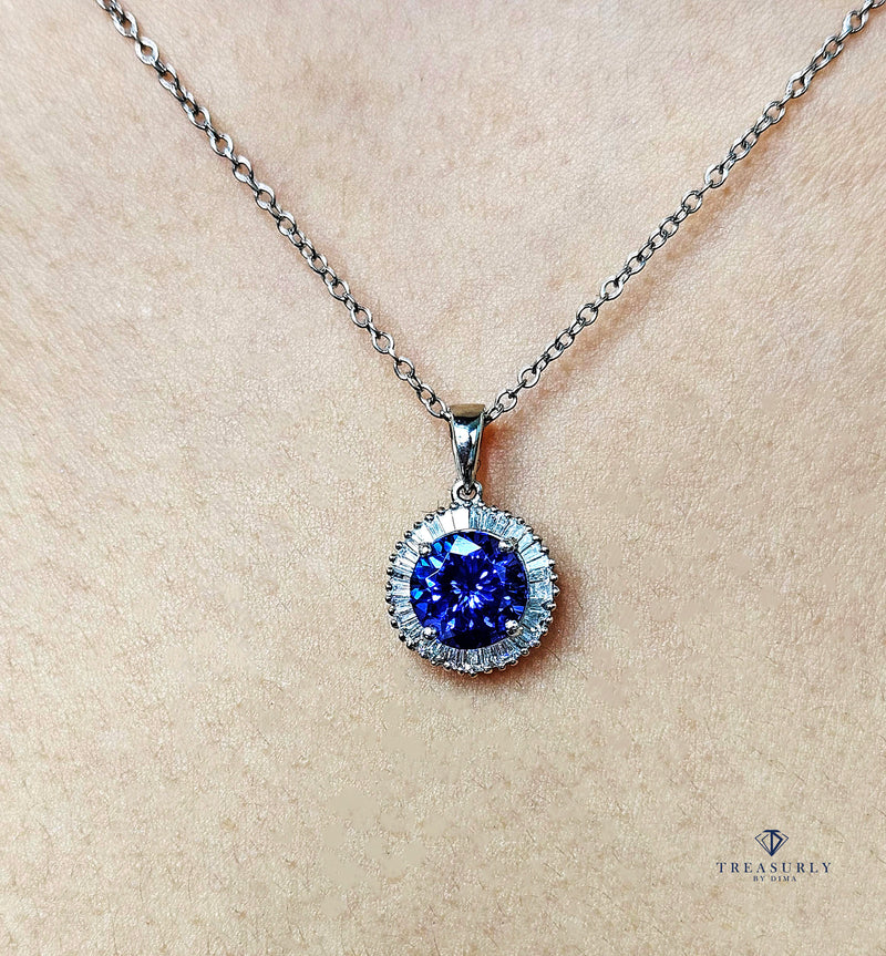 Rhapsody AAAA Round Tanzanite & E-F VS Baguettes Diamonds 3.20ctw Halo 950 Platinum Pendant