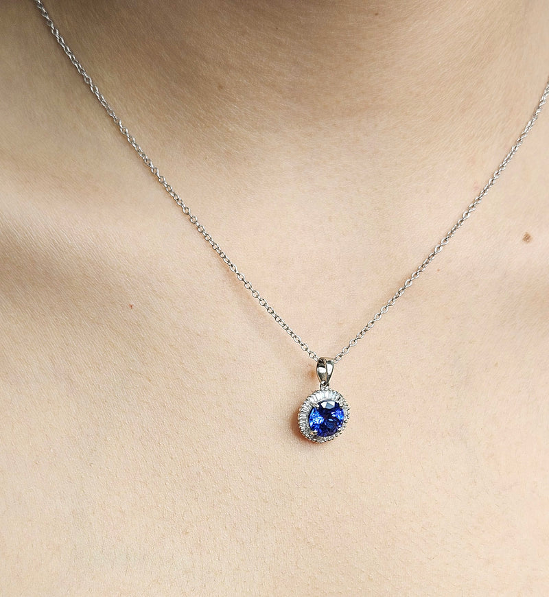 Rhapsody AAAA Round Tanzanite & E-F VS Baguettes Diamonds 3.20ctw Halo 950 Platinum Pendant