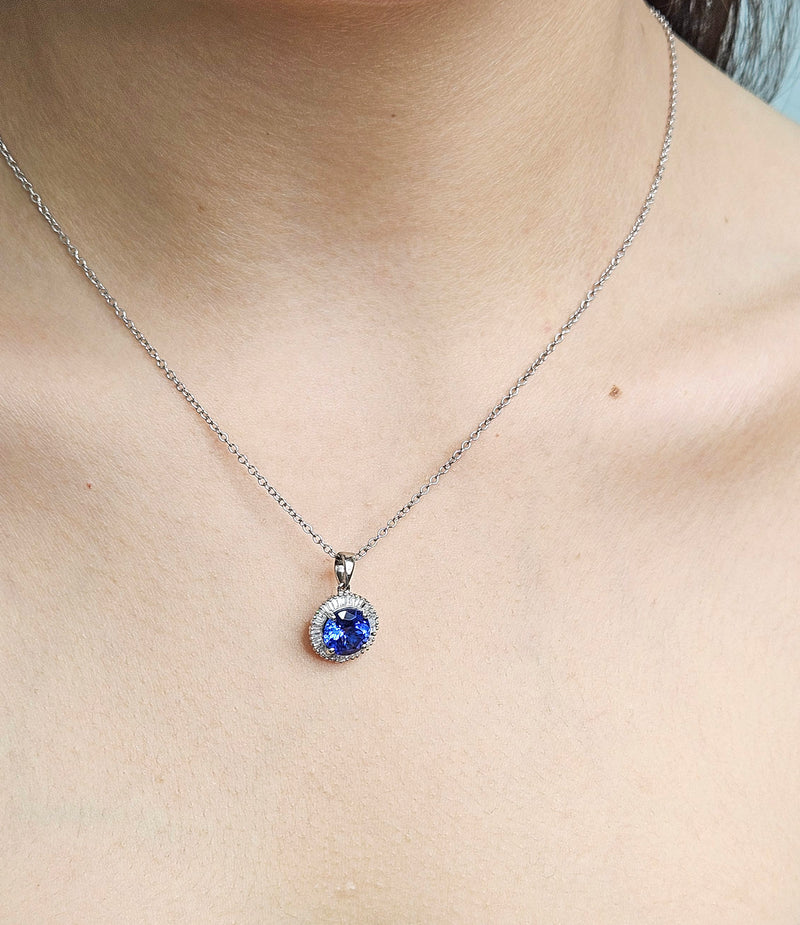 Rhapsody AAAA Round Tanzanite & E-F VS Baguettes Diamonds 3.20ctw Halo 950 Platinum Pendant