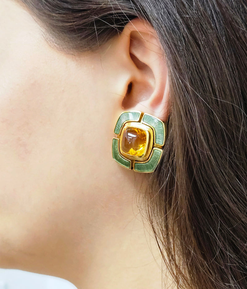 DE VROOMEN A Pair Of 18K Gold Citrine Green Guilloché Enamel Square Shaped Ear Clips Earrings, London 1997