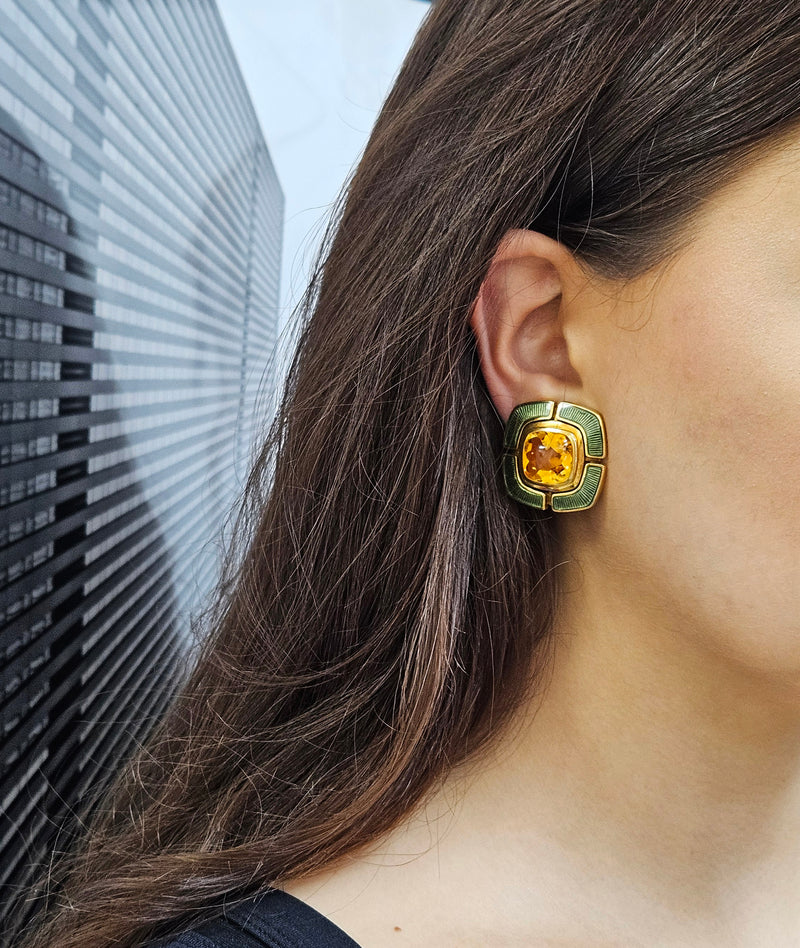 DE VROOMEN A Pair Of 18K Gold Citrine Green Guilloché Enamel Square Shaped Ear Clips Earrings, London 1997