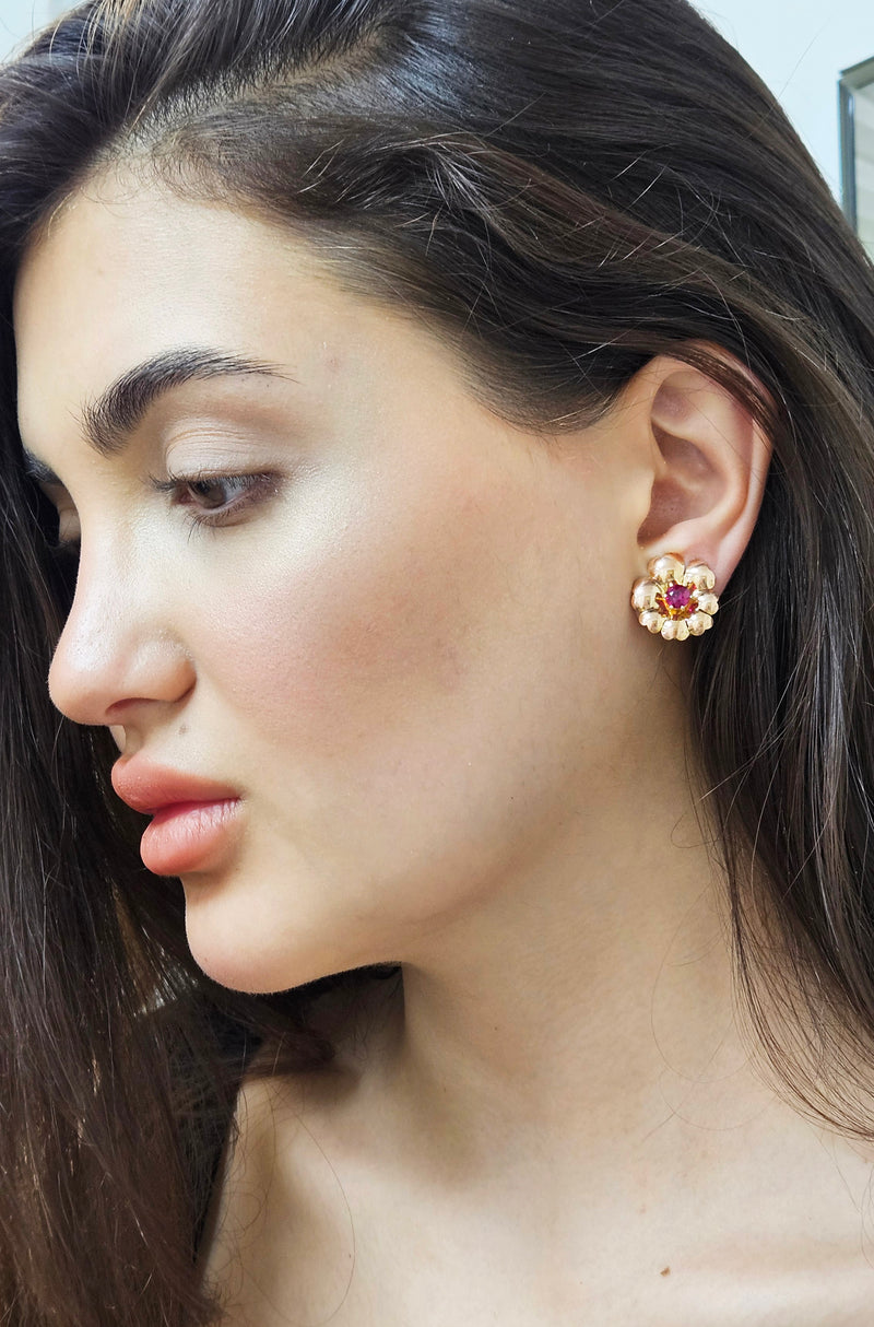 Rare Austrian GIA Natural 1.20ctw RUBY 14ct Rose Gold Floral Vintage Clips Earrings Circa 1930s