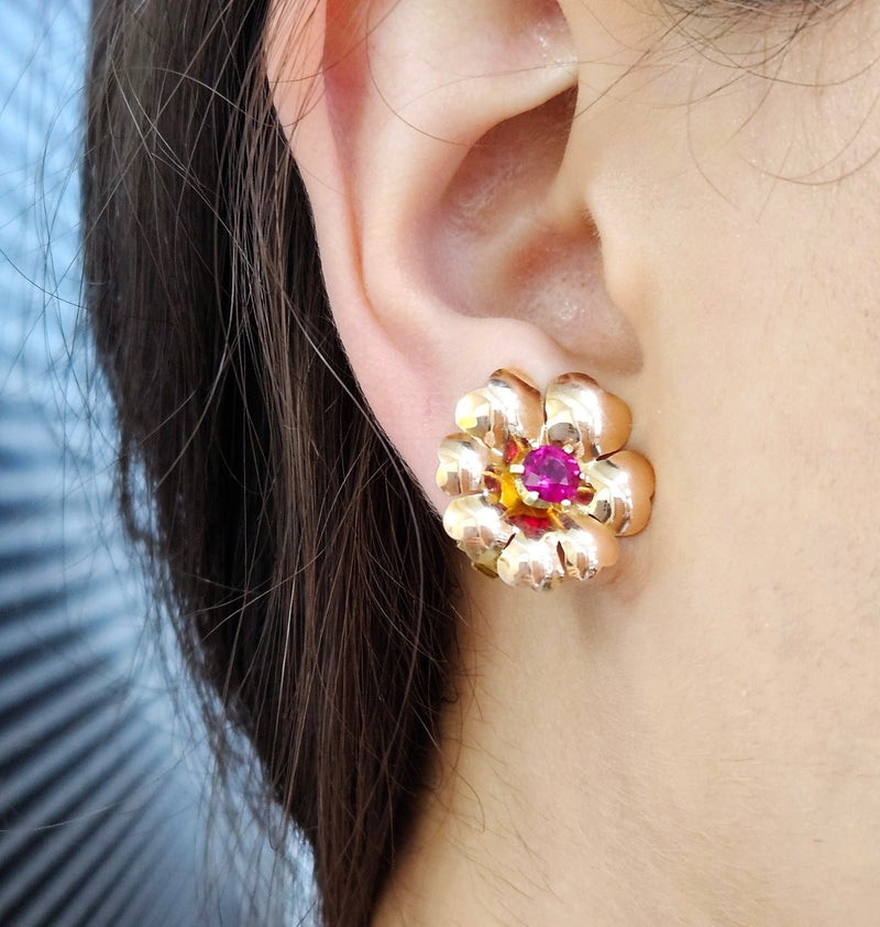 Rare Austrian GIA Natural 1.20ctw RUBY 14ct Rose Gold Floral Vintage Clips Earrings Circa 1930s