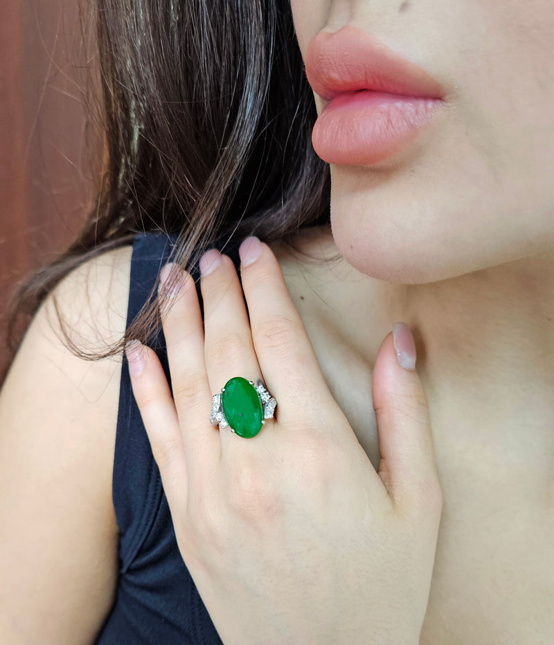 Mid-Century GIA 11.62ctw Natural UNTREATED Green Jade JADEITE Diamond Platinum Ring