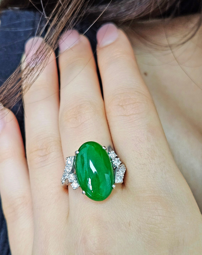 Mid-Century GIA 11.62ctw Natural UNTREATED Green Jade JADEITE Diamond Platinum Ring