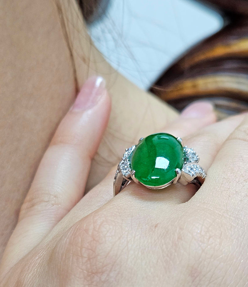 Mid-Century GIA 11.62ctw Natural UNTREATED Green Jade JADEITE Diamond Platinum Ring