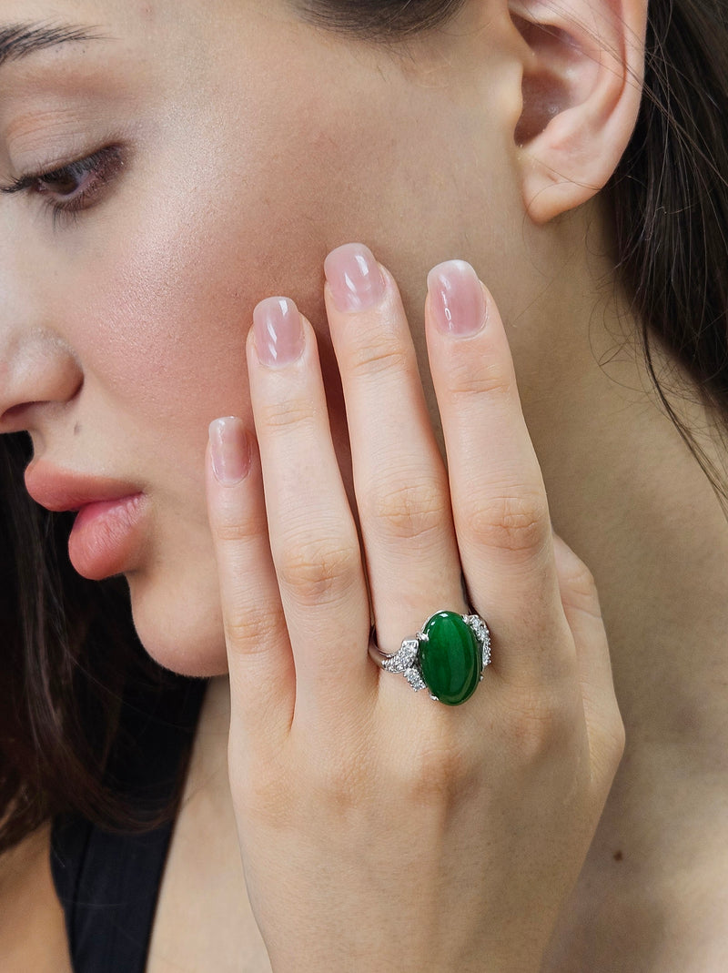 Mid-Century GIA 11.62ctw Natural UNTREATED Green Jade JADEITE Diamond Platinum Ring