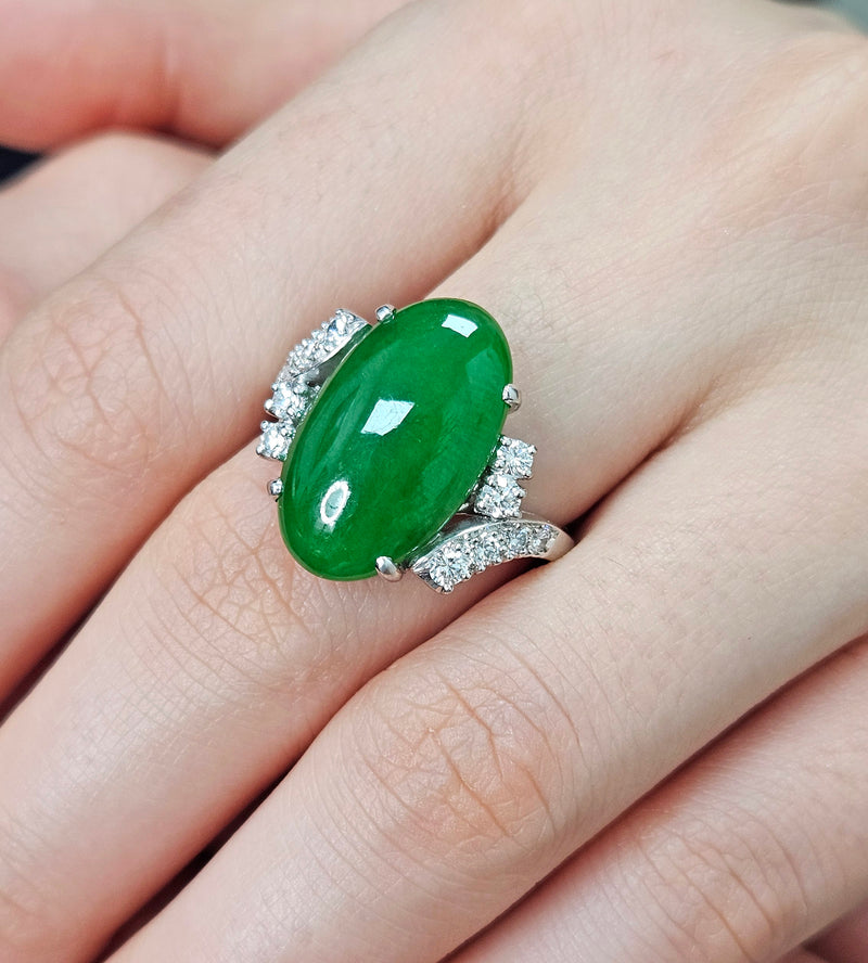 Mid-Century GIA 11.62ctw Natural UNTREATED Green Jade JADEITE Diamond Platinum Ring