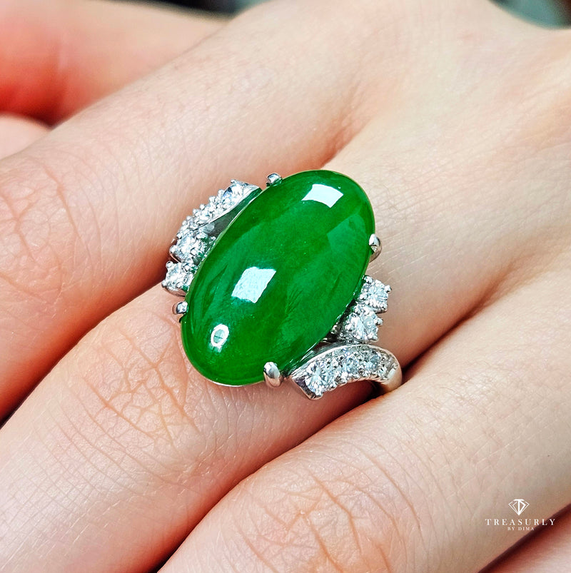 Mid-Century GIA 11.62ctw Natural UNTREATED Green Jade JADEITE Diamond Platinum Ring