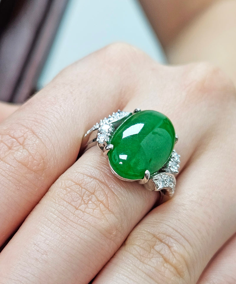 Mid-Century GIA 11.62ctw Natural UNTREATED Green Jade JADEITE Diamond Platinum Ring