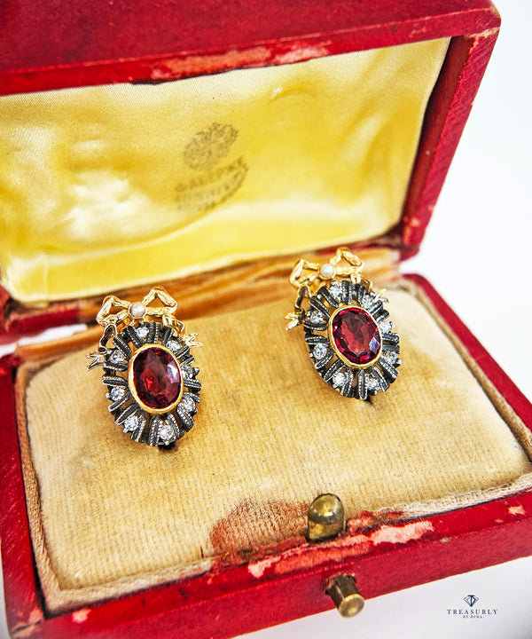 Rare GIA Red Spinel Diamond IMPERIAL RUSSIAN Faberge 14K Rose Gold Drop Earrings