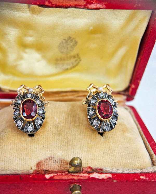 Rare GIA Red Spinel Diamond IMPERIAL RUSSIAN Faberge 14K Rose Gold Drop Earrings