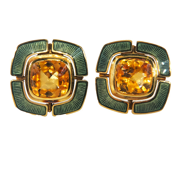DE VROOMEN A Pair Of 18K Gold Citrine Green Guilloché Enamel Square Shaped Ear Clips Earrings, London 1997