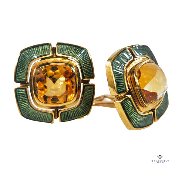 DE VROOMEN A Pair Of 18K Gold Citrine Green Guilloché Enamel Square Shaped Ear Clips Earrings, London 1997