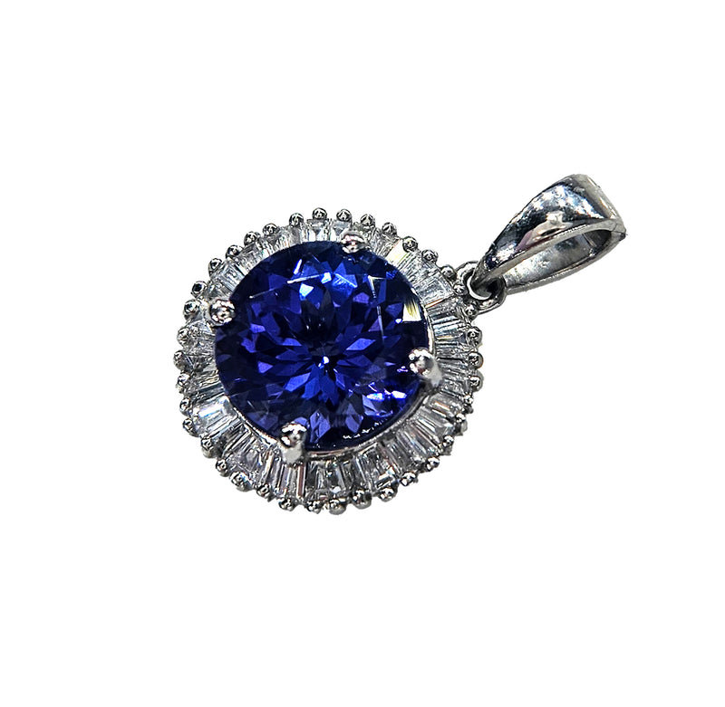 Rhapsody AAAA Round Tanzanite & E-F VS Baguettes Diamonds 3.20ctw Halo 950 Platinum Pendant